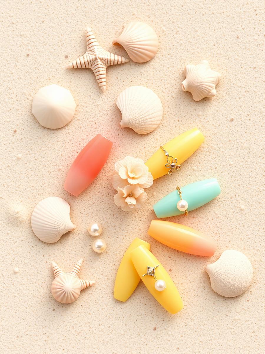 Mermaid Vacation press-on nails featured in a TikTok video