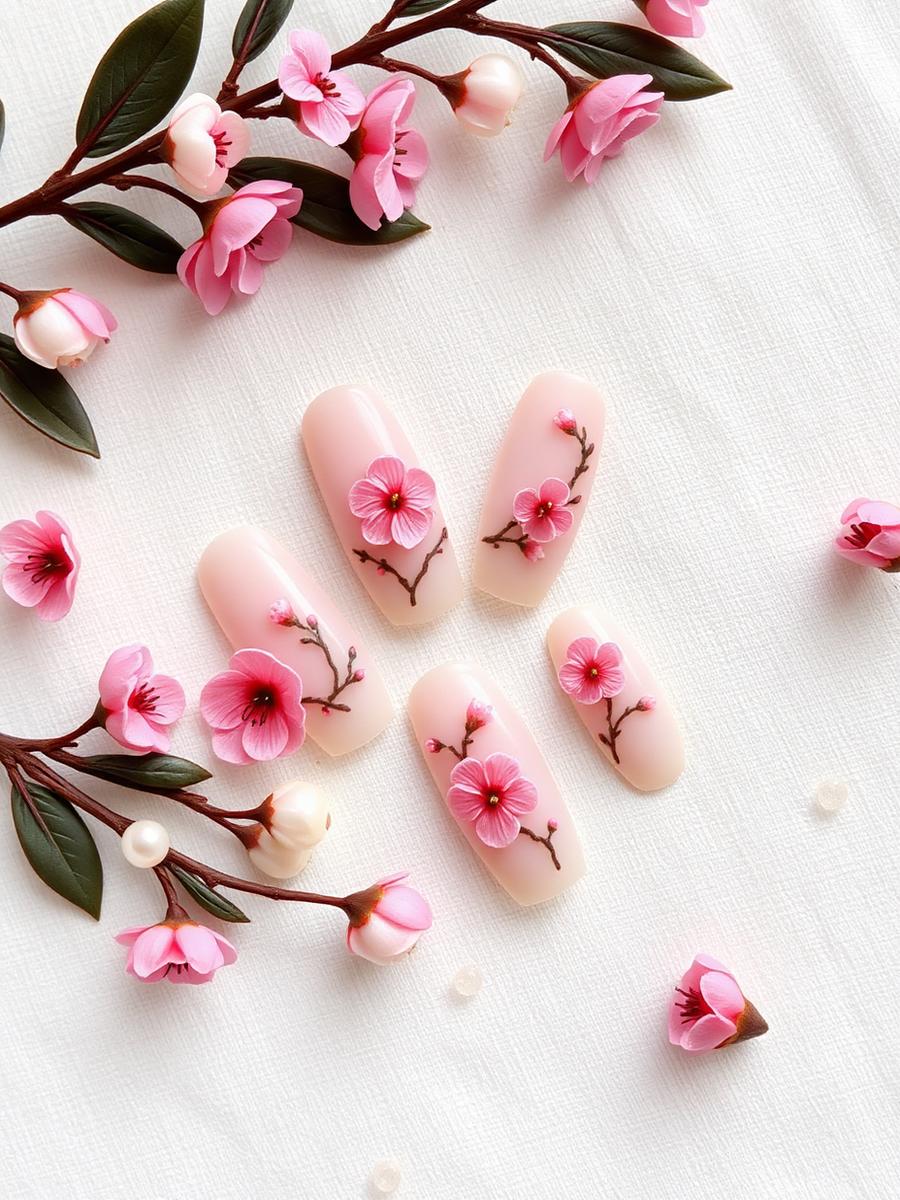 Handmade Pink Blossom press-on nail set