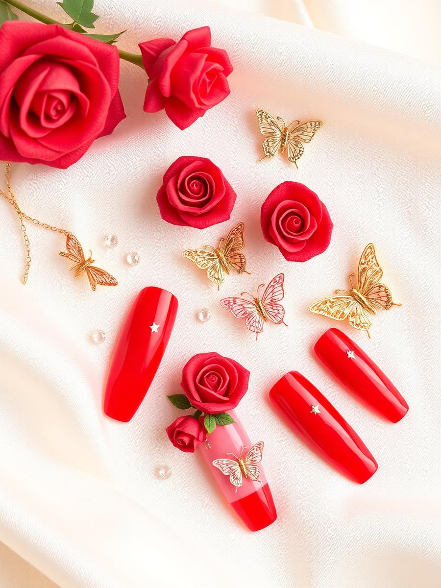 Handmade Scarlet Garden press-on nails posted by JazNailzzzz